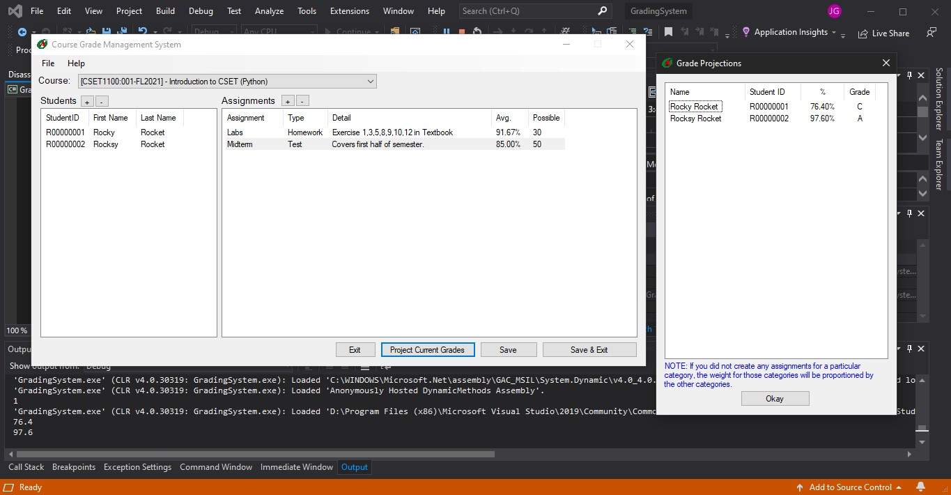 Showing the Visual Studio debug screen with the application presenting example grades based on assignment and student information.